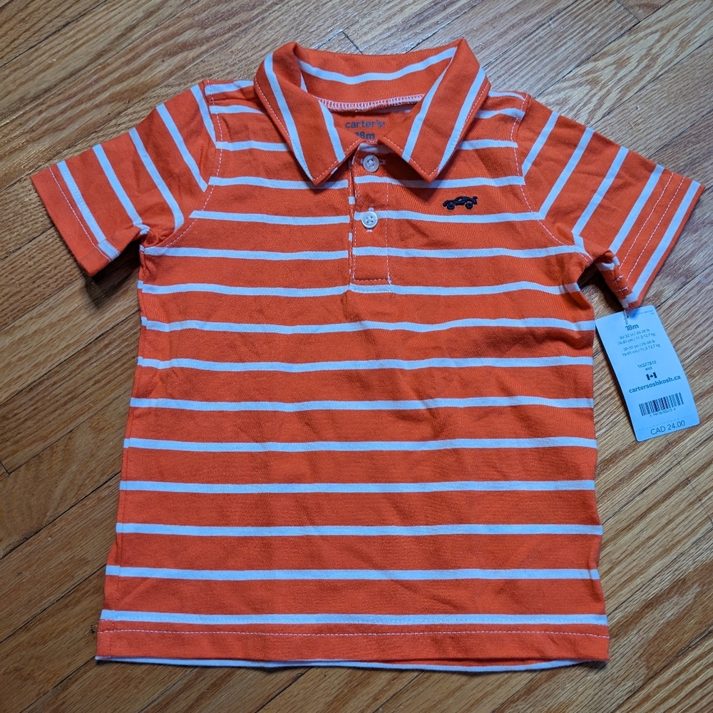 NWT Carter's Polo Shirt 18 months boys orange striped button collar short sleeve